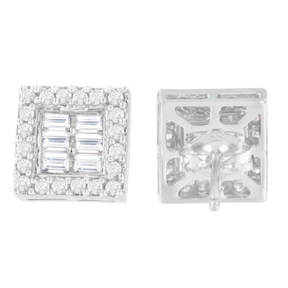 14K White Gold 1 cttw Round and Baguette Diamond Stud Earrings (H-I, SI1-SI2) Bids.com