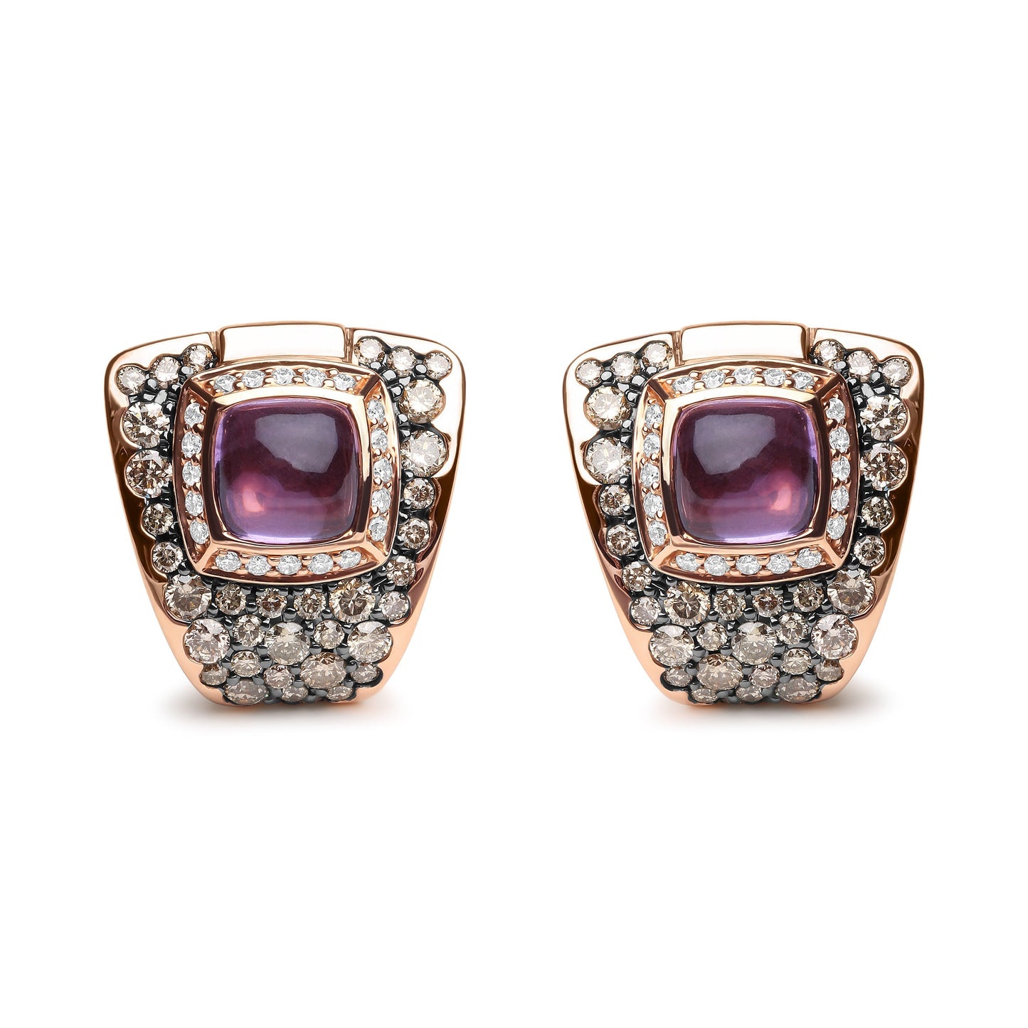 18K Rose Gold 1 1/2 Cttw Round Diamond and 7mm Cushion Cut Purple Amethyst Gemstone Geometrical Statement Stud Earrings (Brown and G-H Color, SI1-SI2 Clarity) Bids.com