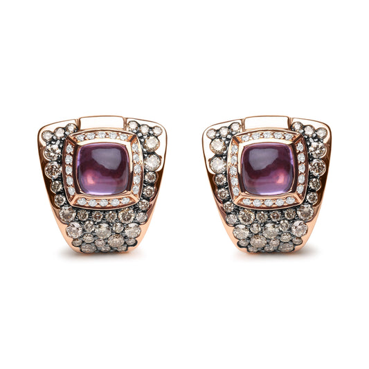 18K Rose Gold 1 1/2 Cttw Round Diamond and 7mm Cushion Cut Purple Amethyst Gemstone Geometrical Statement Stud Earrings (Brown and G-H Color, SI1-SI2 Clarity) Bids.com