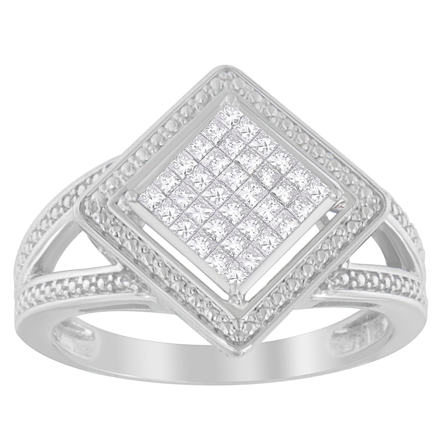 .925 Sterling Silver 1/3 Cttw Invisible Set Princess-Cut Diamond Rhombus and Beaded Halo Ring (H-I Color, SI1-SI2 Clarity) - Ring Size 7 Bids.com
