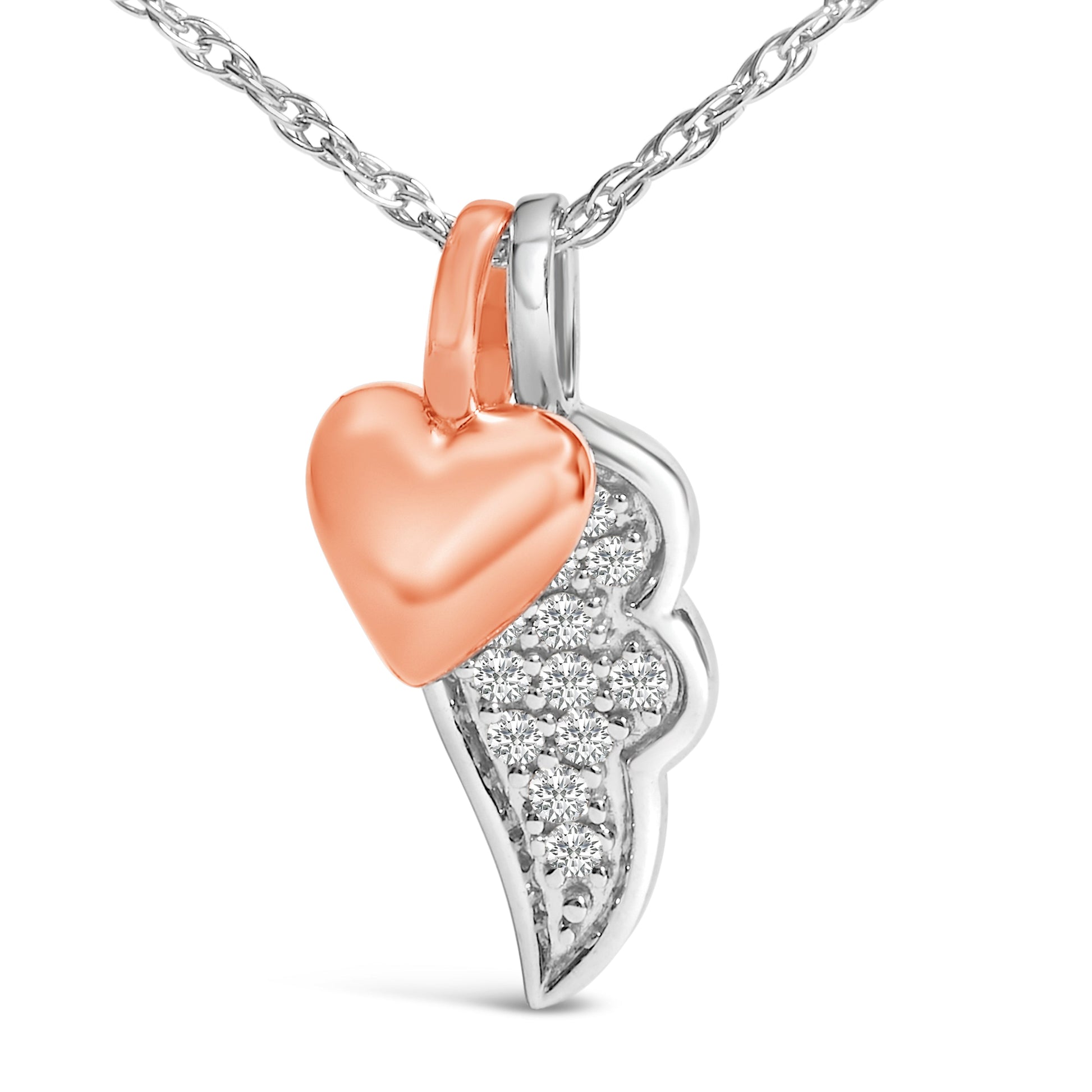 14K Rose Gold Plated Sterling Silver 1/10 Cttw Diamond Heart & Wing Pendant Necklace Bids.com