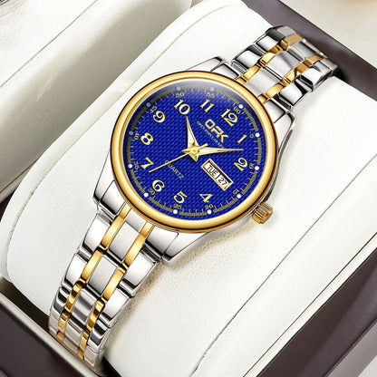 Women's Stainless Steel Blue Dial Watch Dual Calendar BandsCo Straps
