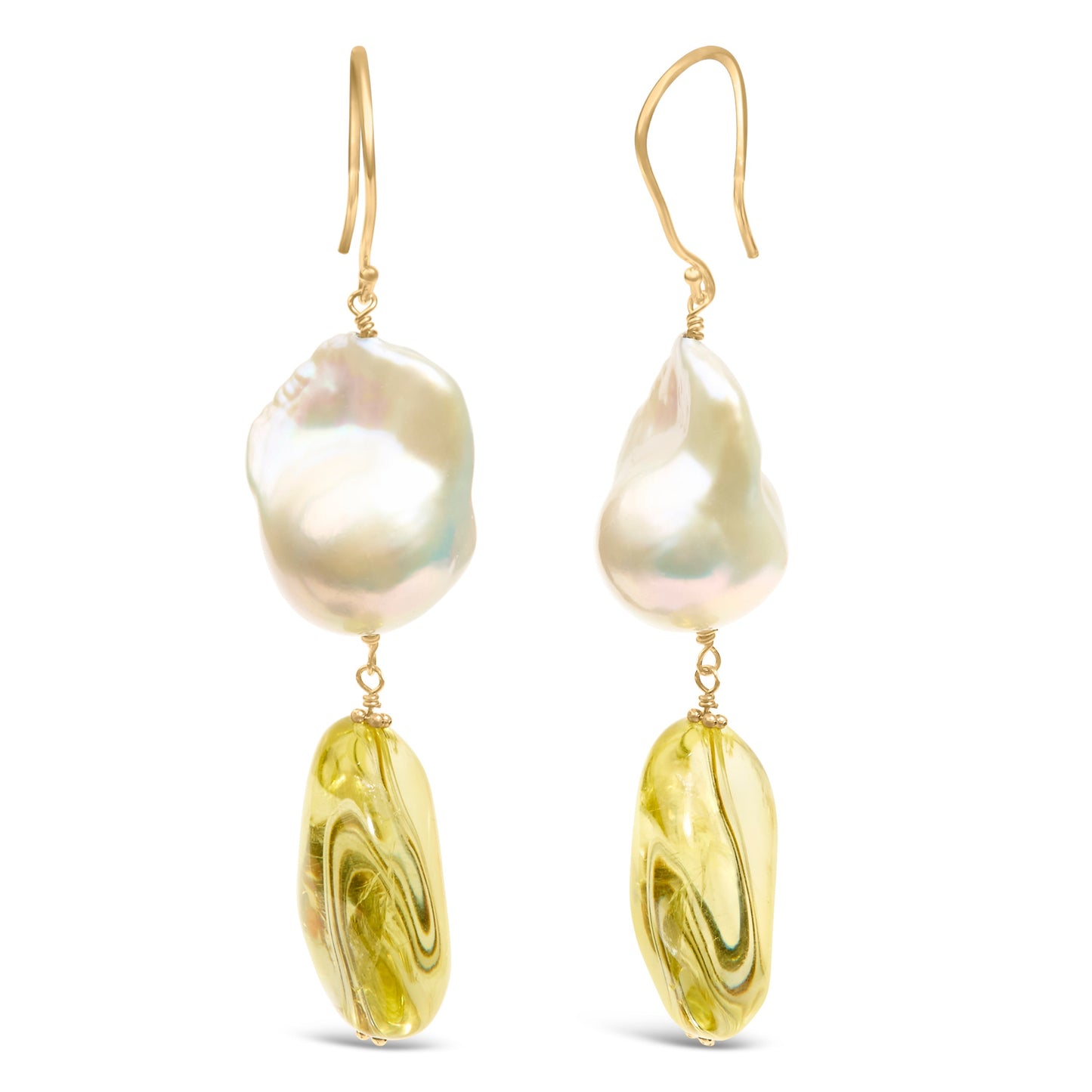 14K Yellow Gold Citrine and Baroque Pearl Drop and Dangle Earrings 1 3/4 Inch Dangle Bids.com