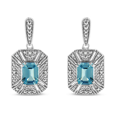 .925 Sterling Silver 7x5MM Emerald Shape Blue Topaz and Diamond Accent Art Deco Halo Style Drop and Dangle Earrings (I-J Color, I1-I2 Clarity) Bids.com