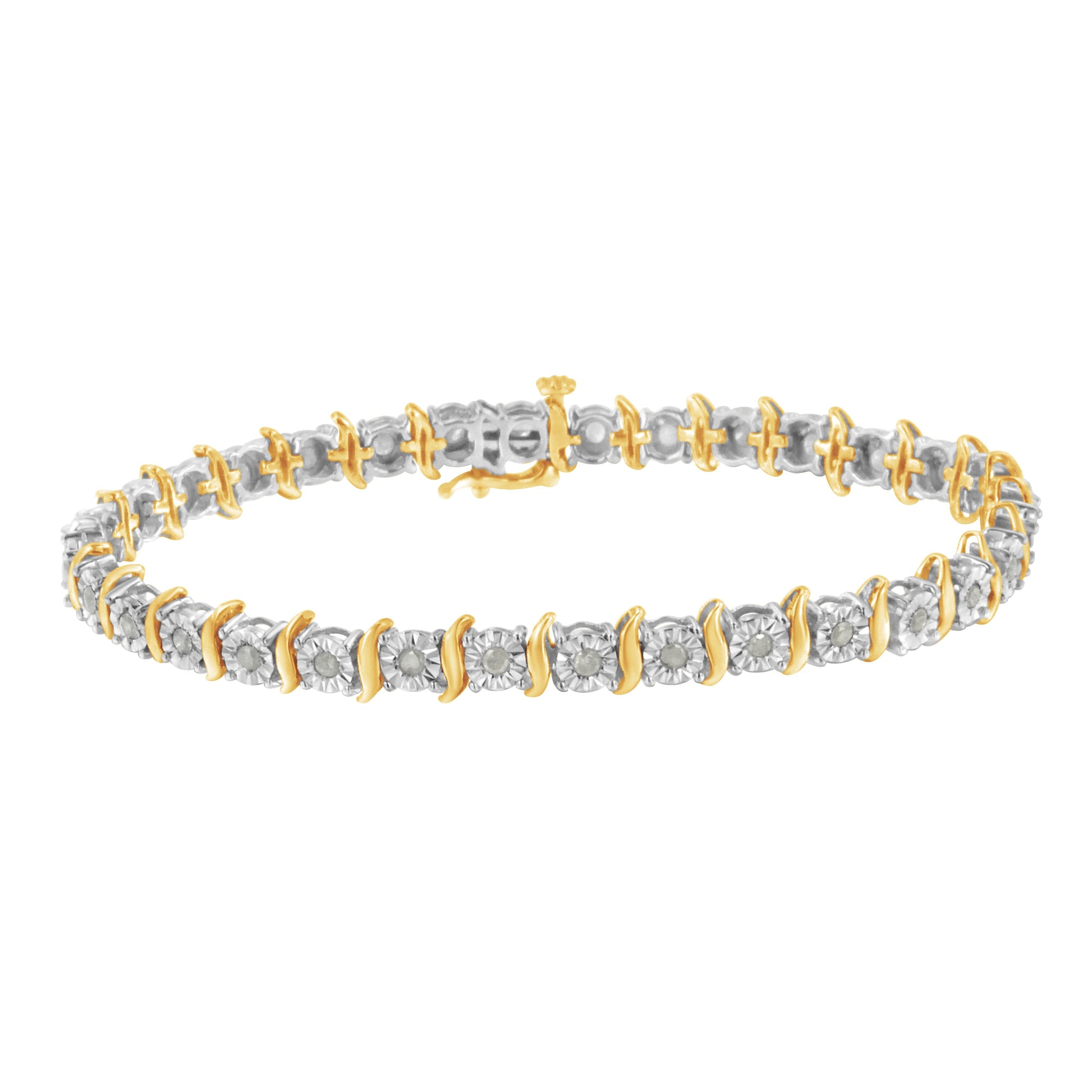 Two-Tone 10K Yellow Gold over .925 Sterling Silver 1.0 Cttw Diamond S-Curve Link Miracle-Set Tennis Bracelet (I-J Color, I3 Clarity) - 7" Bids.com