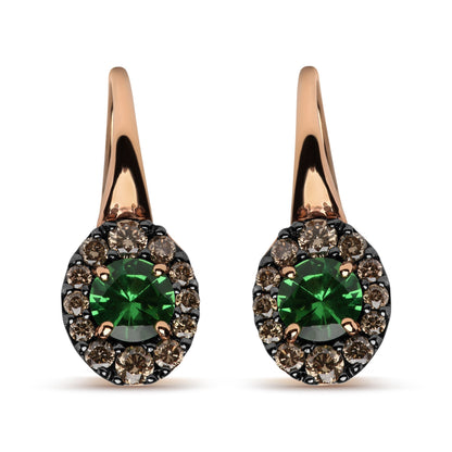 18K Rose and White Gold 3/8 Cttw Round Brown Diamonds and Round Green Tsavorite Gemstone Halo Drop Hoop Earrings (Brown Color, SI1-SI2 Clarity) Bids.com