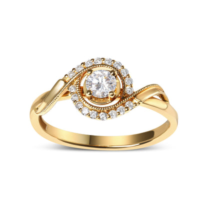 14K Yellow Gold 1/3 Cttw Diamond Solitaire and Halo Swirl Engagement Ring (G-H Color, VS2-SI1 Clarity)- Size 7 Bids.com