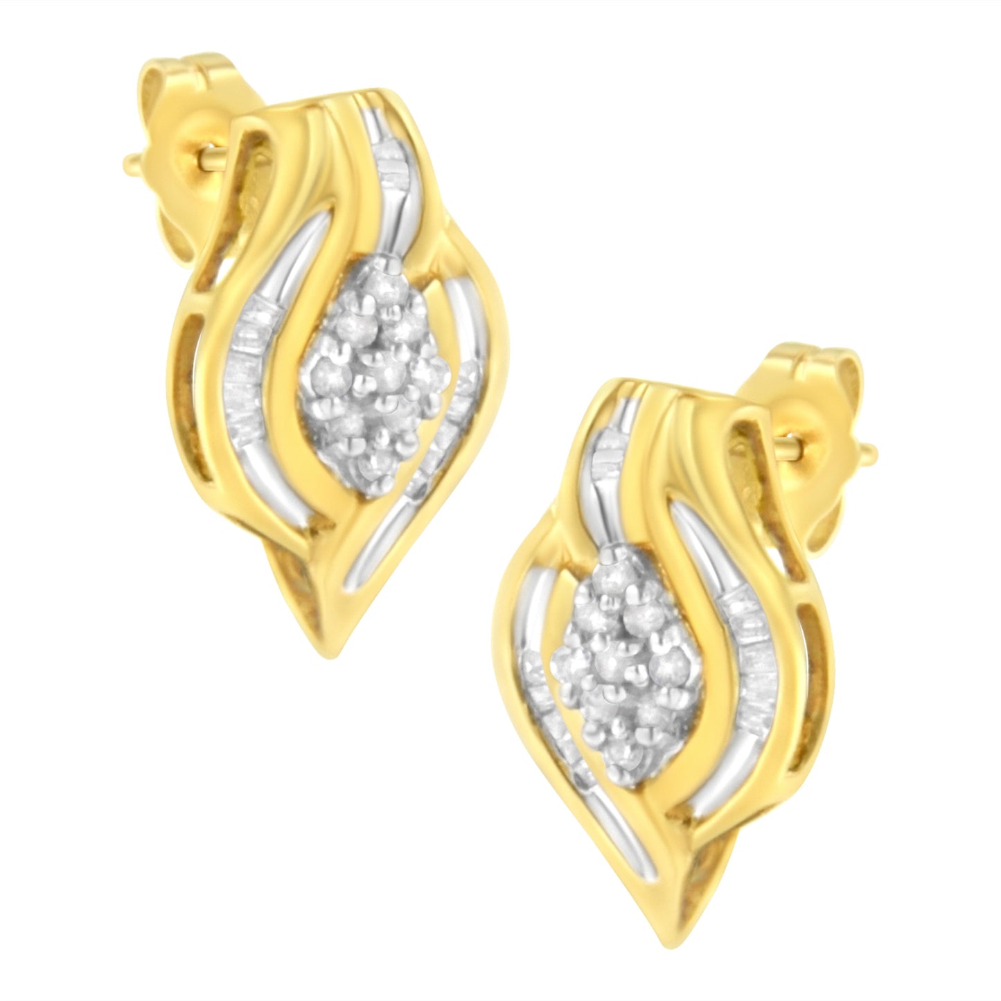 10K Yellow Gold 1/3 cttw Round-Cut Diamond Cluster and Swirl Stud Earrings (J-K Clarity, I2-I3 Color) Bids.com