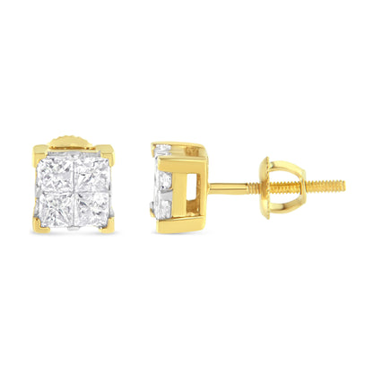 10K Yellow Gold 3/4 Cttw Invisible Set Princess-Cut Diamond Composite Square Stud Earrings (I-J Color, I2-I3 Clarity) Bids.com