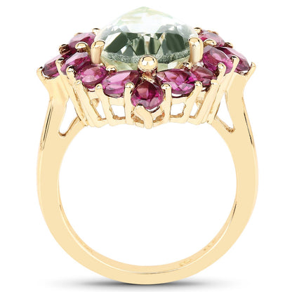 14K Yellow Gold Plated 7.21 Carat Genuine Green Amethyst and Rhodolite .925 Sterling Silver Ring Bids.com