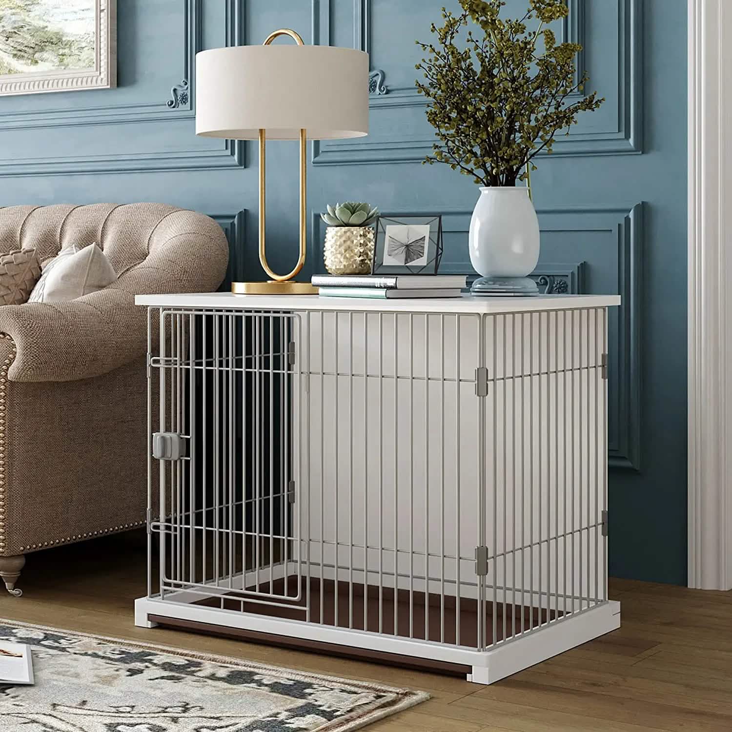 34" Long Elegant Wood Frame White Dog Cage DailySale