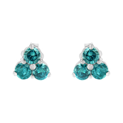 14KT White Gold Treated Blue Diamond Trio Stud Earrings (1 1/3 cttw, Blue) Bids.com