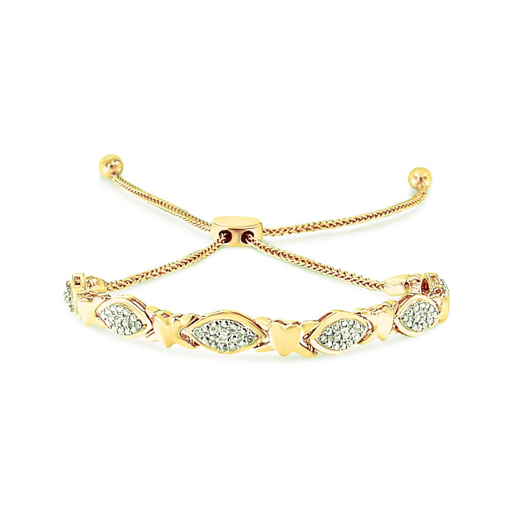 14K Yellow Gold Plated .925 Sterling Silver Diamond Accent Alternating Marquise Shape and Heart Links Bolo Bracelet (I-J Color, I3 Clarity) - Adjustable 6" to 9" Bids.com