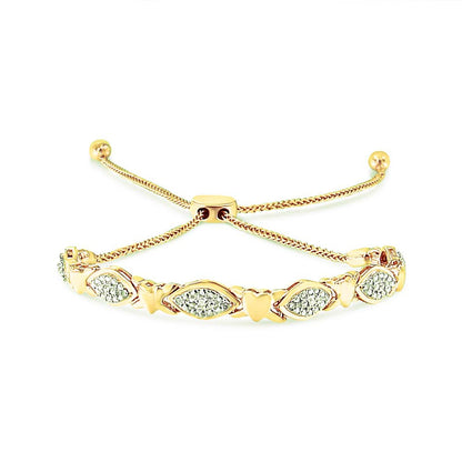 14K Yellow Gold Plated .925 Sterling Silver Diamond Accent Alternating Marquise Shape and Heart Links Bolo Bracelet (I-J Color, I3 Clarity) - Adjustable 6" to 9" Bids.com