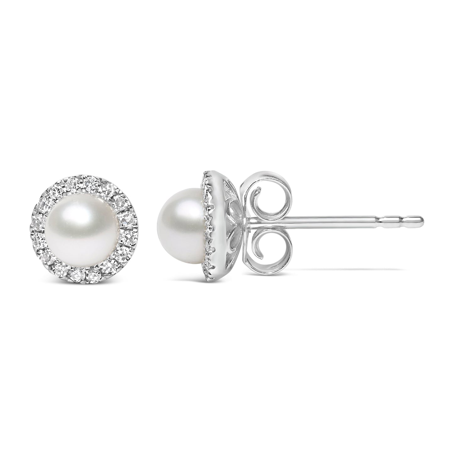 10K White Gold 4.5mm Cultured Freshwater Pearl and 1/7 Cttw Diamond Halo Stud Earring (I-J Color, I1-I2 Clarity) Bids.com