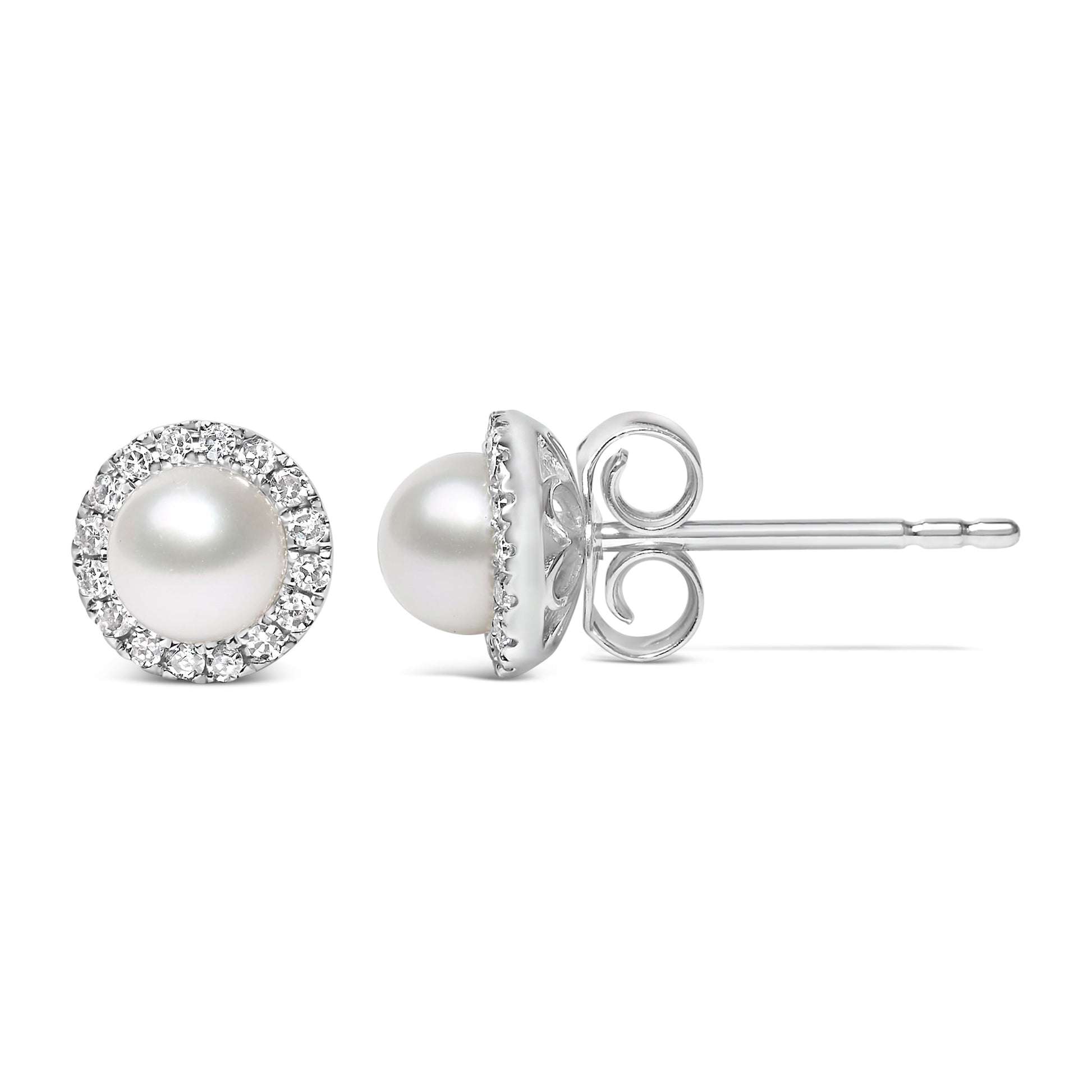 10K White Gold 4.5mm Cultured Freshwater Pearl and 1/7 Cttw Diamond Halo Stud Earring (I-J Color, I1-I2 Clarity) Bids.com
