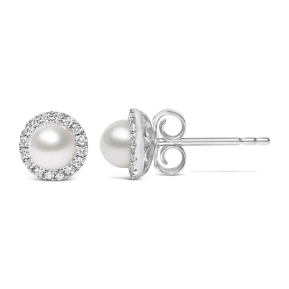 10K White Gold 4.5mm Cultured Freshwater Pearl and 1/7 Cttw Diamond Halo Stud Earring (I-J Color, I1-I2 Clarity) Bids.com