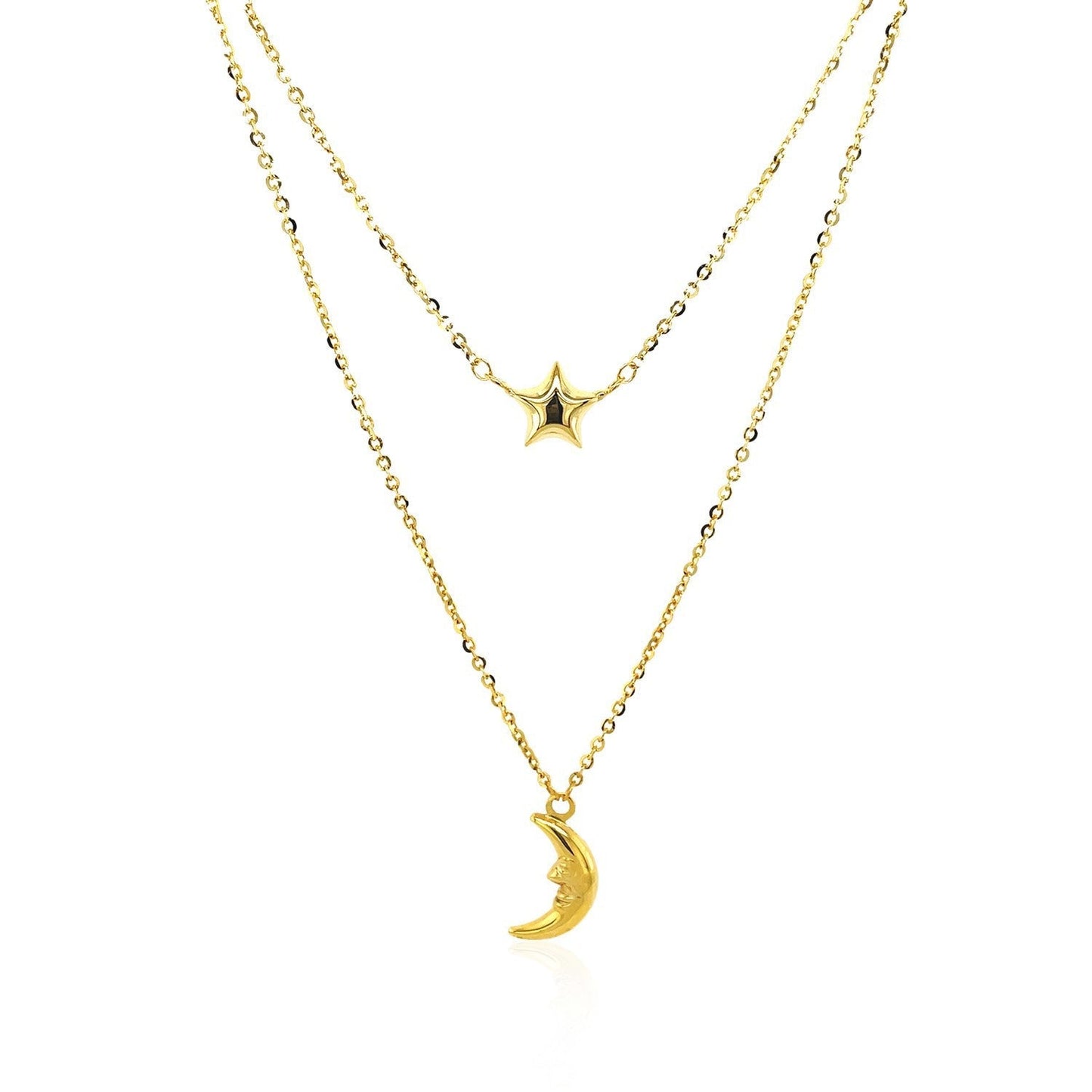 14k Yellow Gold Double-Strand Chain Necklace with Puff Moon and Star Bids.com