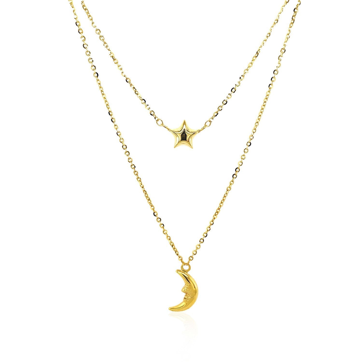 14k Yellow Gold Double-Strand Chain Necklace with Puff Moon and Star Bids.com