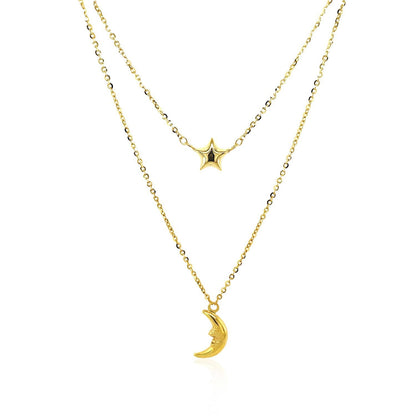 14k Yellow Gold Double-Strand Chain Necklace with Puff Moon and Star Bids.com