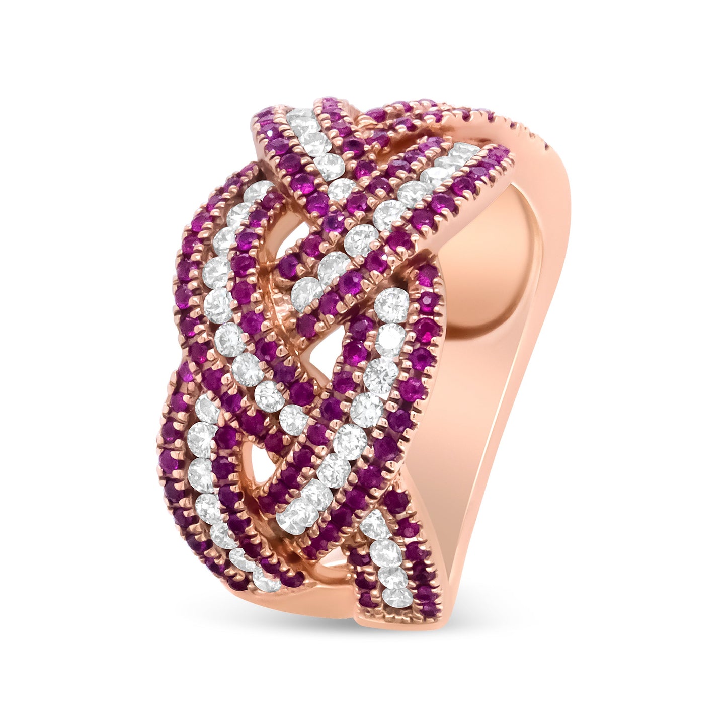 18K Rose Gold Red Ruby and 7/8 Cttw Diamond Woven Braided Band Ring (F-G Color, VS1-VS2 Clarity) - Ring Size 7 Bids.com