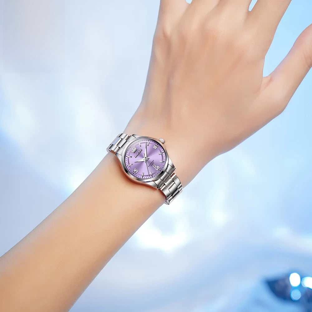 Women's Stainless Steel Watch Purple Dial Luminous Date BandsCo Straps