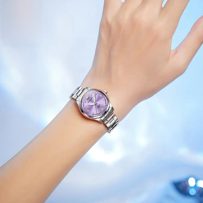 Women's Stainless Steel Watch Purple Dial Luminous Date BandsCo Straps