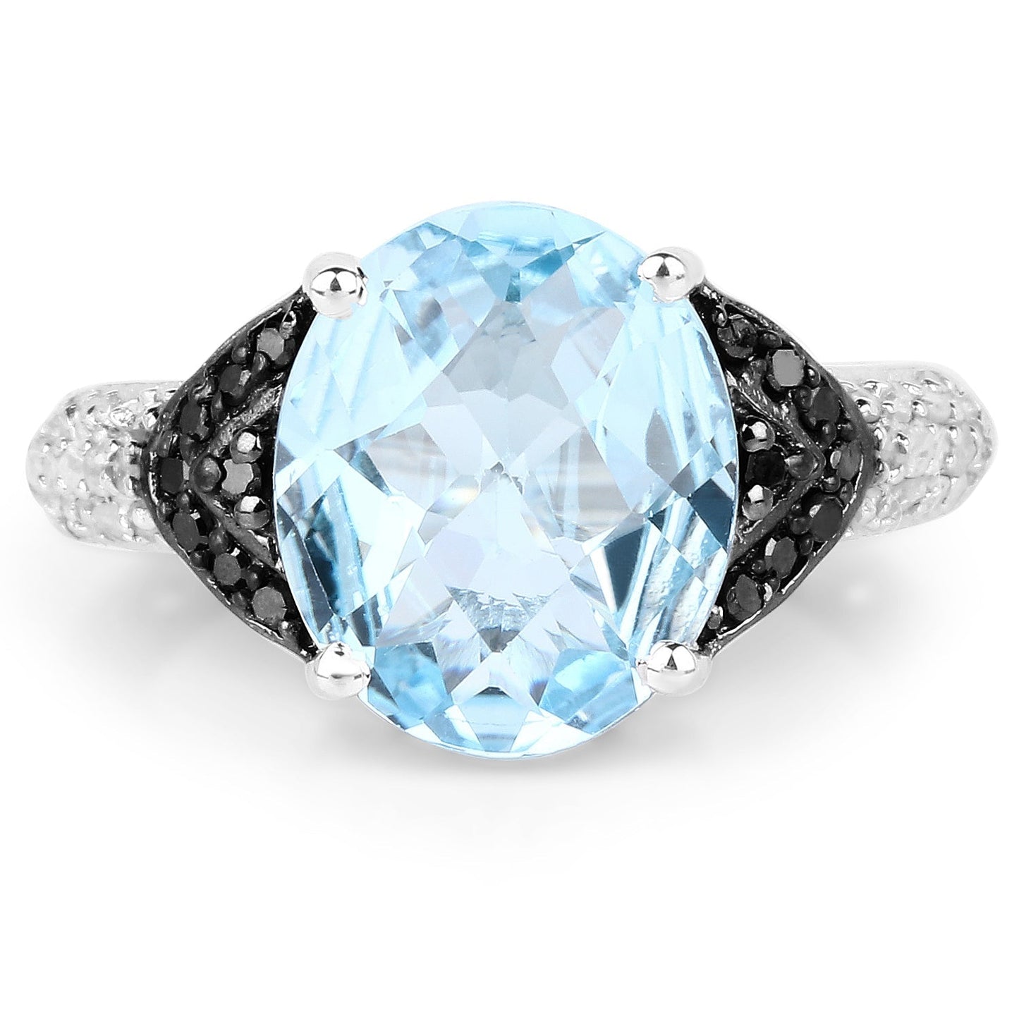 5.37 Carat Genuine Swiss Blue Topaz, Black Diamond & White Topaz .925 Sterling Silver Ring Bids.com