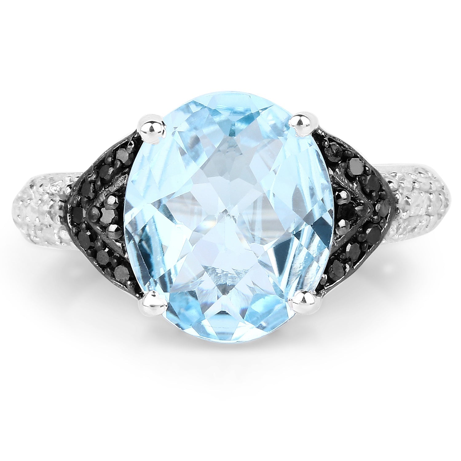5.37 Carat Genuine Swiss Blue Topaz, Black Diamond & White Topaz .925 Sterling Silver Ring Bids.com