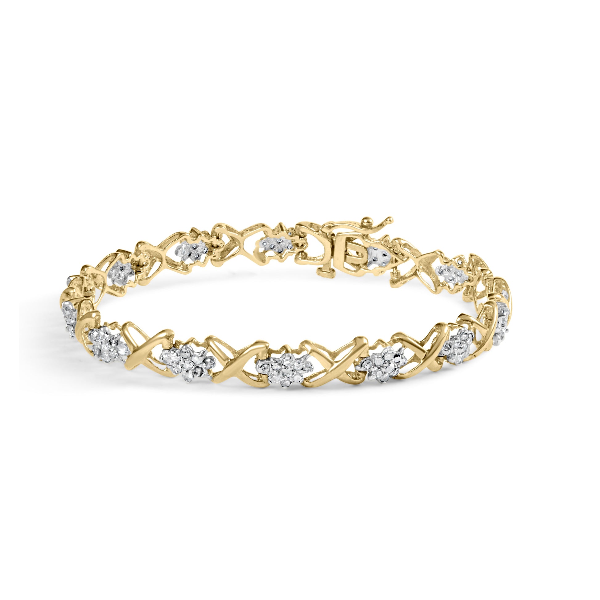 10k Yellow Gold 2.00 Cttw Diamond Cluster and Alternating "X" Link Bracelet (I-J Color, I3 Clarity) - 7" Bids.com