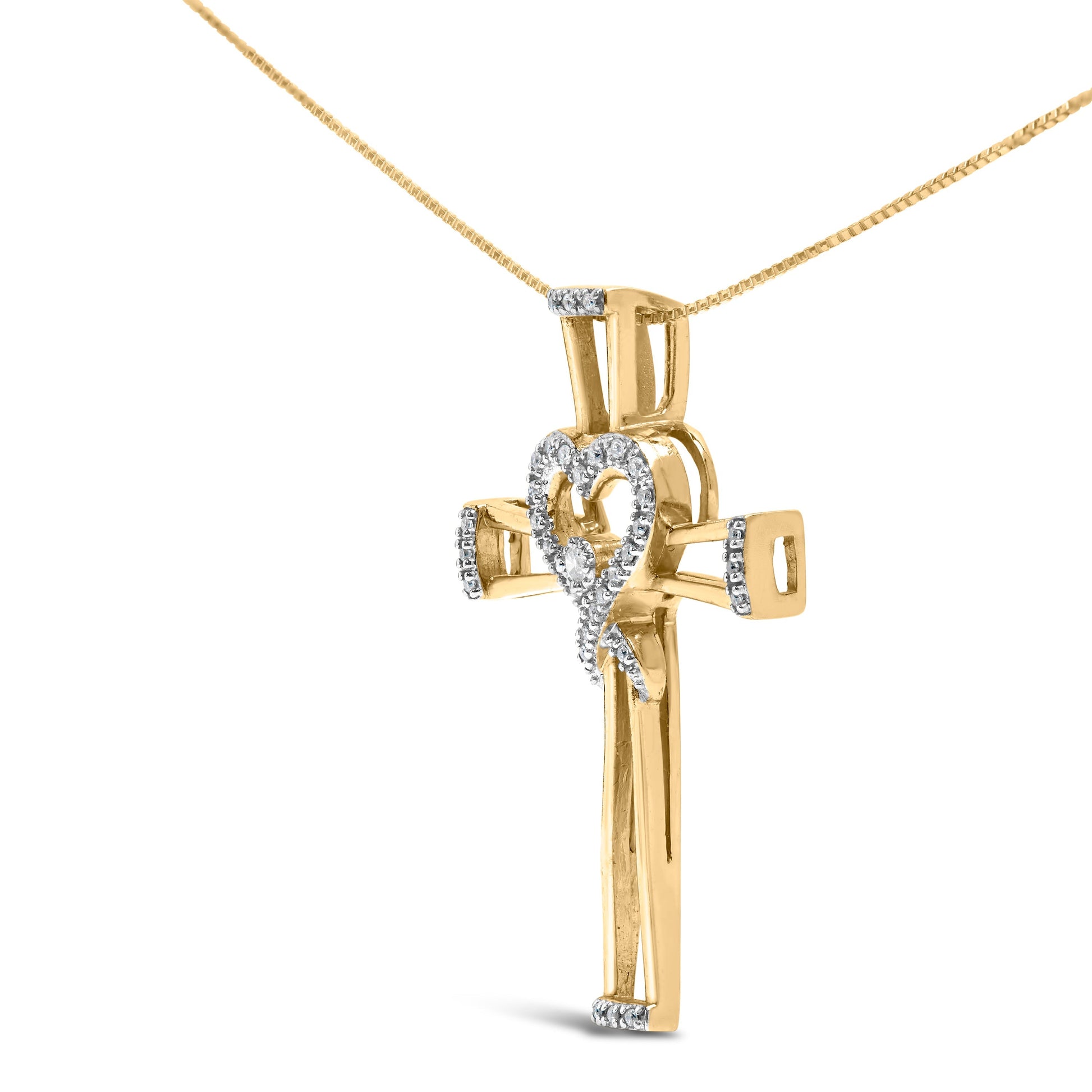 14K Yellow Gold Plated .925 Sterling Silver 1/6 Cttw Diamond Interlocking Heart and Ribbon Cross Pendant Necklace (H-I Color, I2-I3 Clarity) - 18" Inches Bids.com
