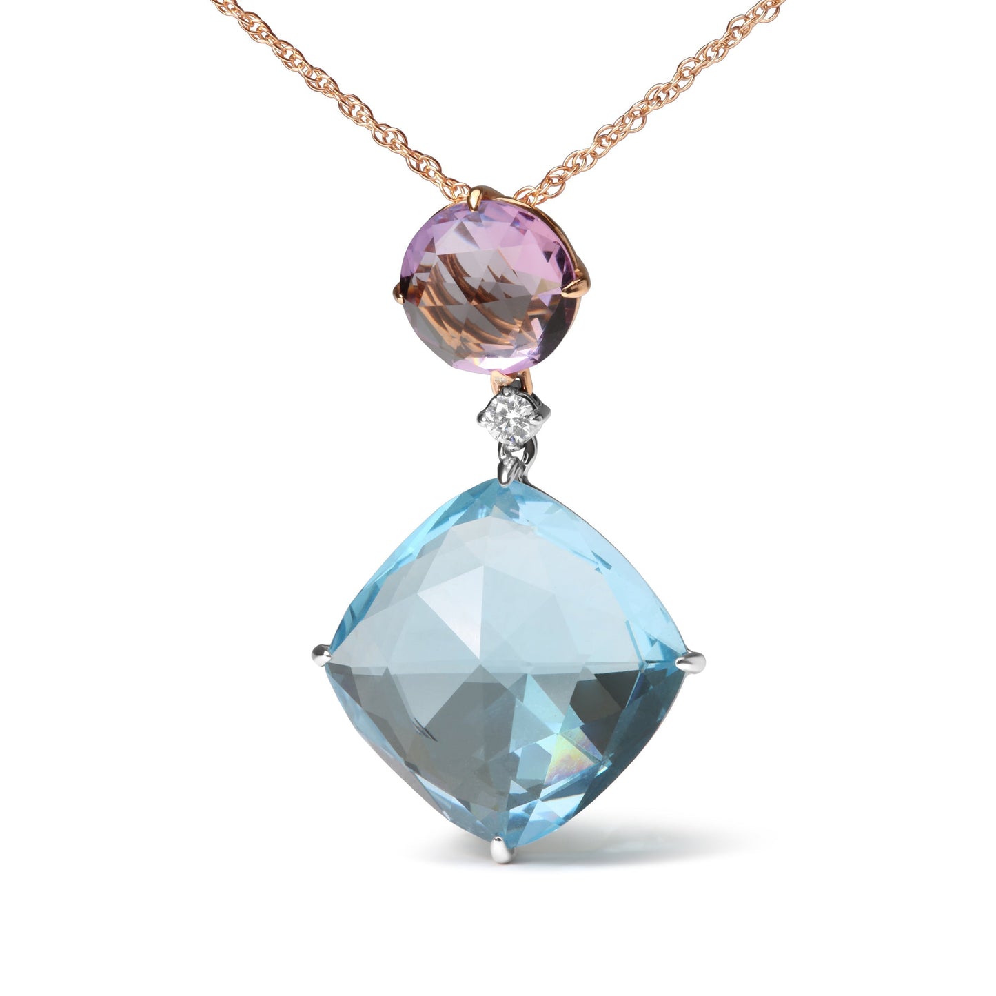 18K White and Rose Gold Round Diamond Accent and Round Rose De France Pink Amethyst and Cushion Cut Sky Blue Topaz Dangle Drop 18" Pendant Necklace (G-H Color, SI1-SI2 Clarity) Bids.com