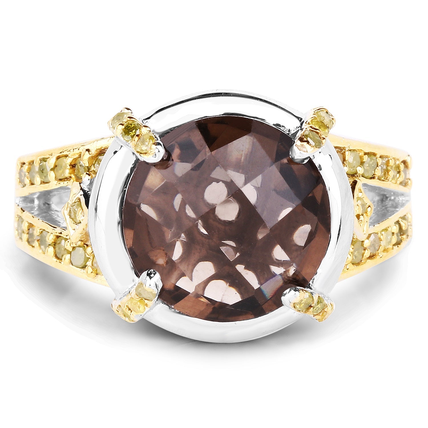 3.28 Carat Genuine Smoky Quartz and Yellow Diamond .925 Sterling Silver Ring Bids.com