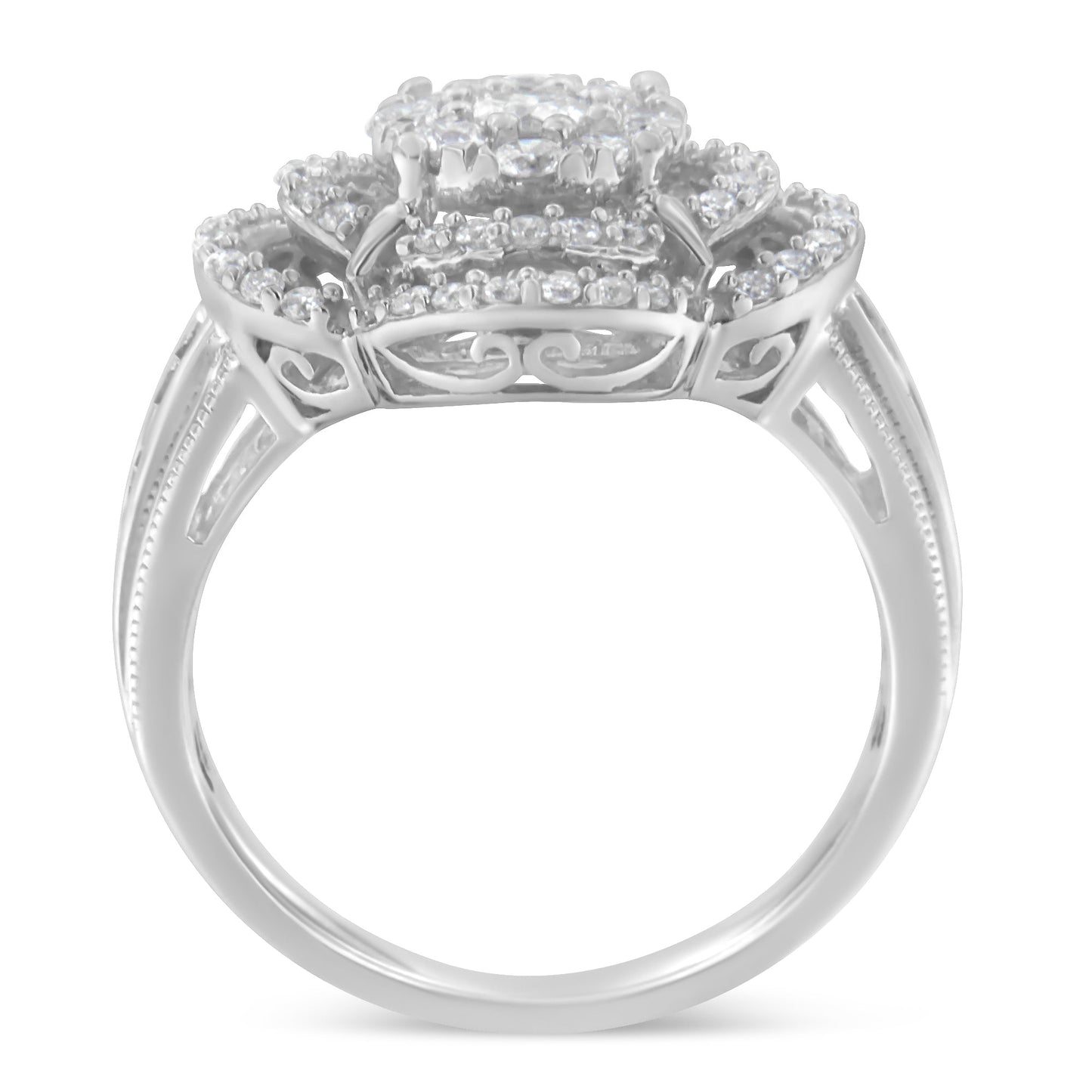 14K White Gold 1.0 Cttw Round & Baguette Cut Diamond Floral Cluster Quatrefoil Channel Set Band Cocktail Statement Ring (H-I Color, SI2-I1 Clarity) - Size 6-3/4 Bids.com