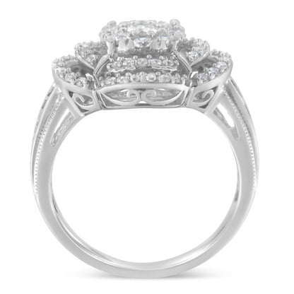 14K White Gold 1.0 Cttw Round & Baguette Cut Diamond Floral Cluster Quatrefoil Channel Set Band Cocktail Statement Ring (H-I Color, SI2-I1 Clarity) - Size 6-3/4 Bids.com