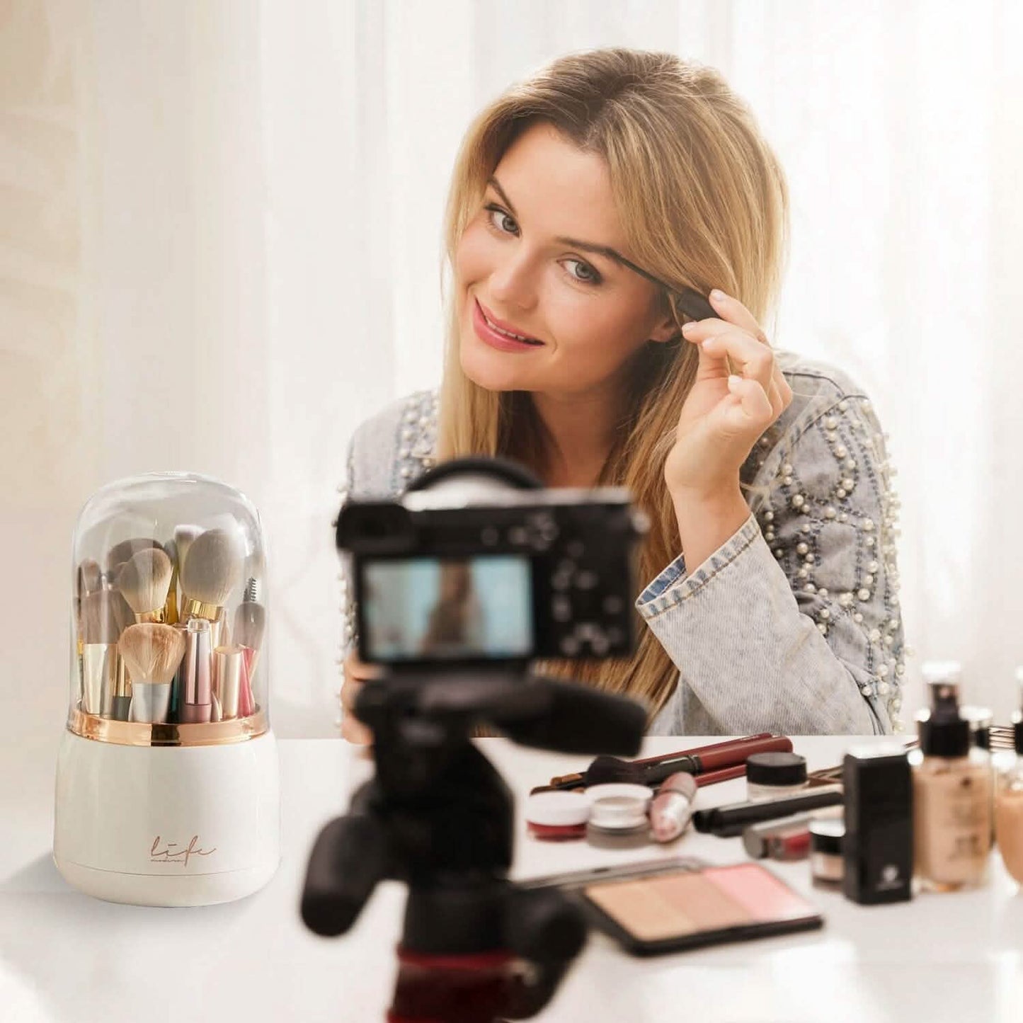 360¬∞ Rotating Makeup Brush Holder with Lid Makeup Organizer DailySale