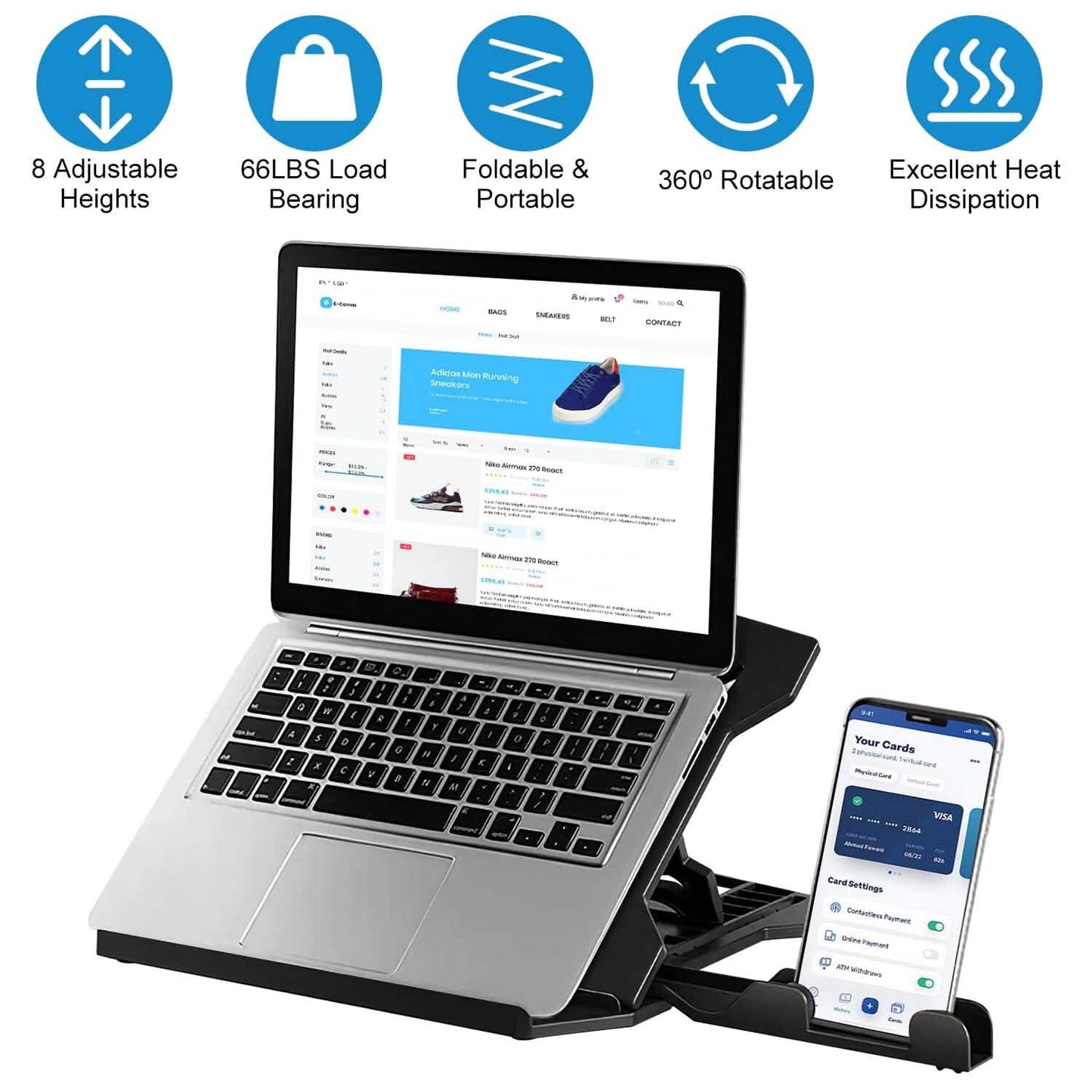 360º Rotating Laptop Riser Stand with Phone Stand 8 Level Adjustable Height DailySale