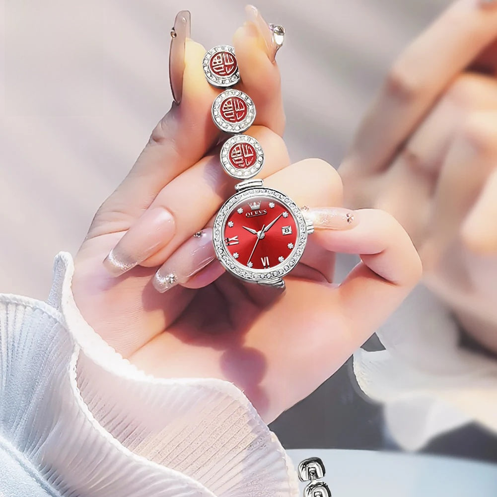 Women's Elegant Bracelet Quartz Watch Red Dial Waterproof BandsCo Straps