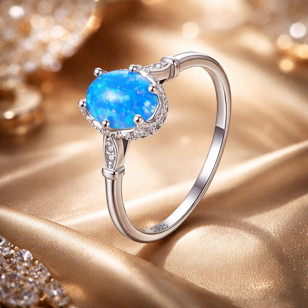 925 Sterling Silver Opal Rings in Size 6.0 with Pave Setting & Plated White Gold for Women Bids.com