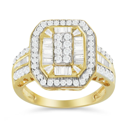 10K Yellow Gold 1.0 Cttw Diamond Vintage Inspired Baguette-Cut Double Halo Emerald-Shaped Frame Cocktail Ring (I-J Color, I1-I2 Clarity) - Size 6-1/2 Bids.com