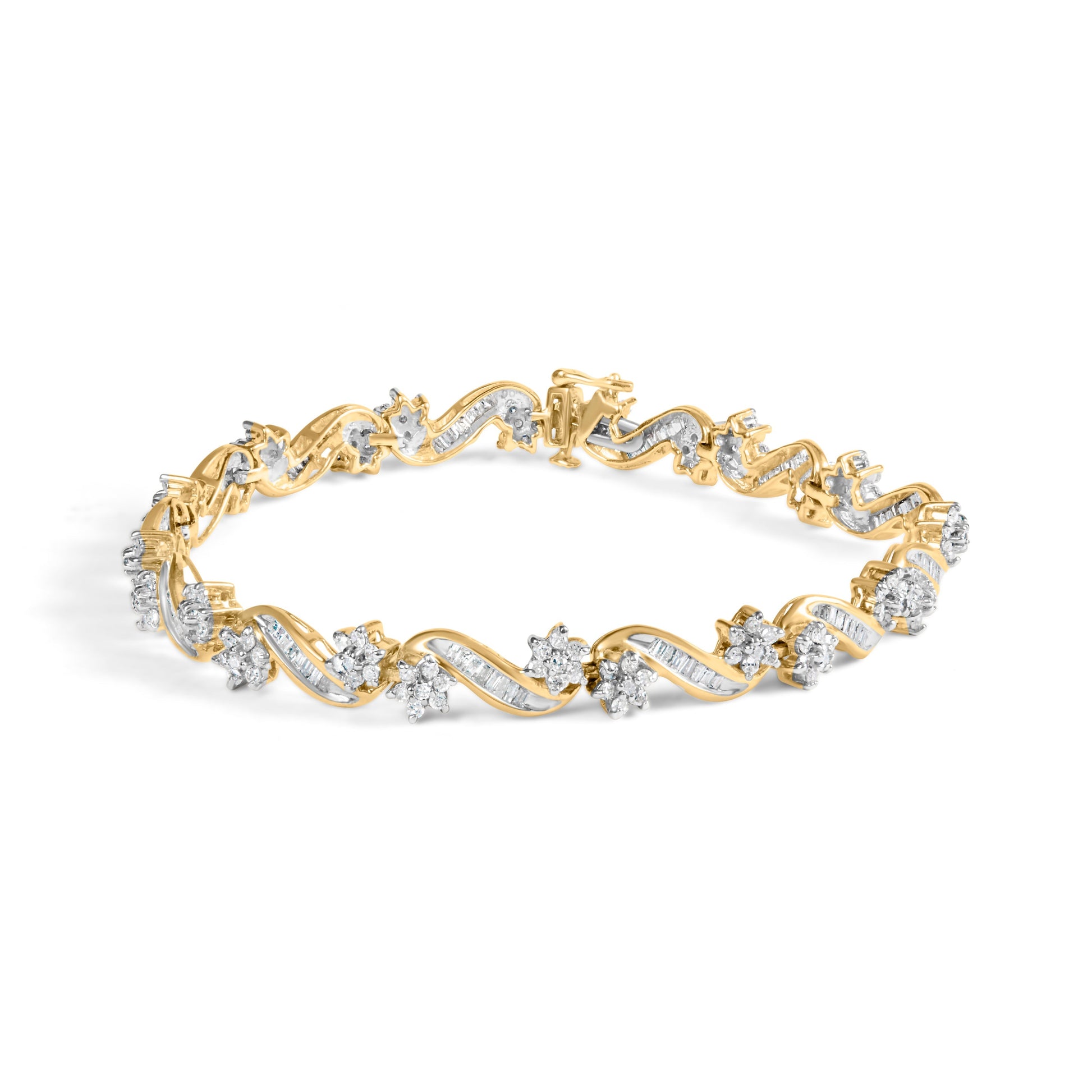 10k Yellow Gold 3.00 Cttw Round-Cut and Baguette-Cut Floral Link 7.25" Bracelet (I-J Color, I1-I2 Clarity) Bids.com