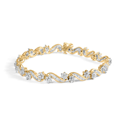 10k Yellow Gold 3.00 Cttw Round-Cut and Baguette-Cut Floral Link 7.25" Bracelet (I-J Color, I1-I2 Clarity) Bids.com