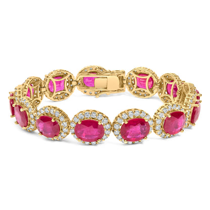 14K Yellow Gold 6 2/5 Cttw Diamond and 34.0 Cttw Oval Red Ruby Halo Link Bracelet (I-J Color, SI1-SI2 Clarity) - 7.25" Inches Bids.com