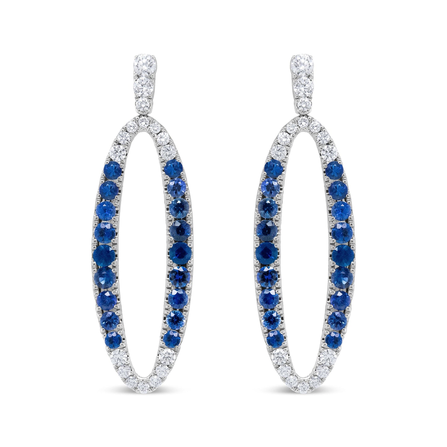 18K White Gold 1.11 Cttw Blue Round Diamond and Blue Sapphire Openwork Oval Shaped Dangle Earrings (F-G Color, VS1-VS2 Clarity) Bids.com