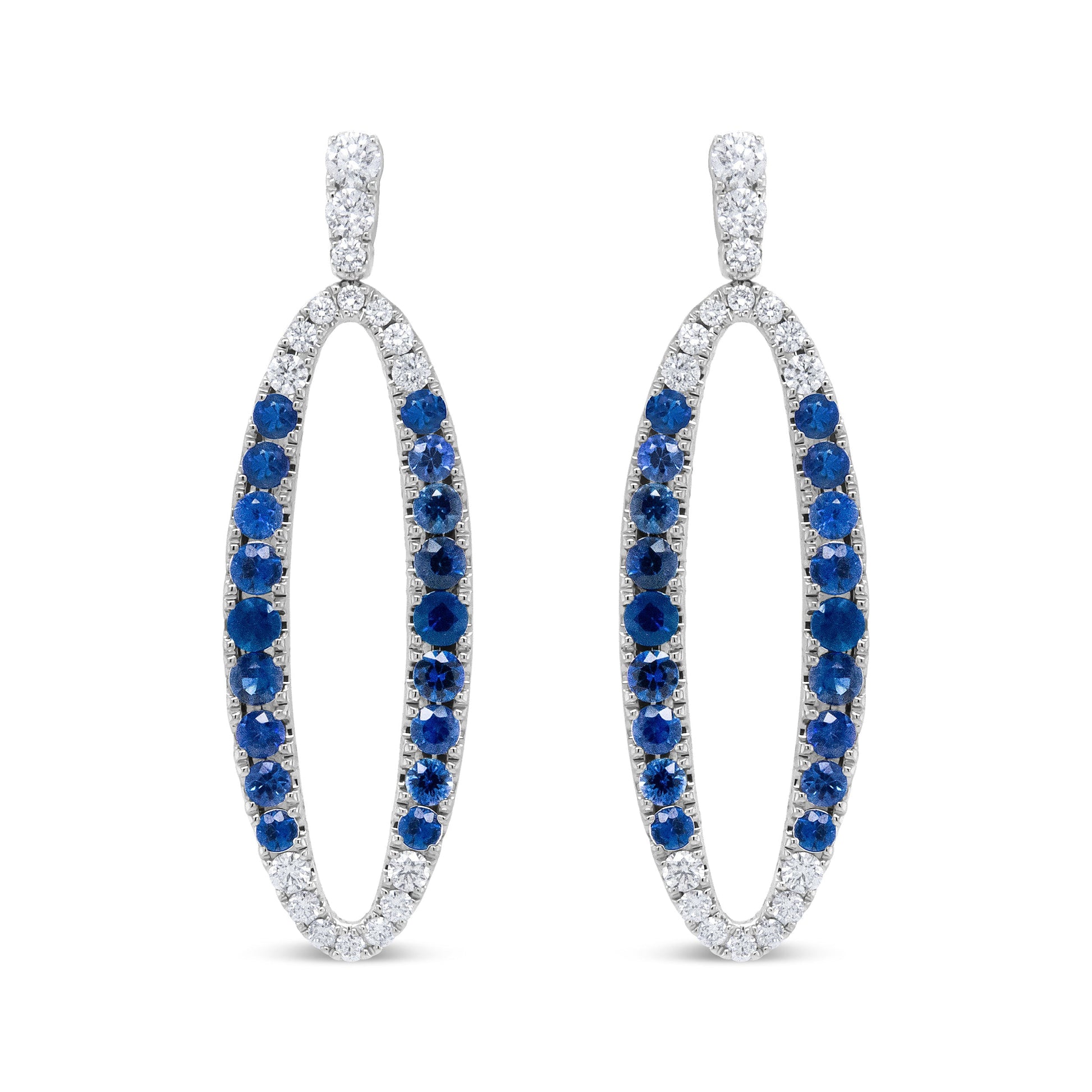 18K White Gold 1.11 Cttw Blue Round Diamond and Blue Sapphire Openwork Oval Shaped Dangle Earrings (F-G Color, VS1-VS2 Clarity) Bids.com