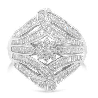 .925 Sterling Silver 1-1/8 Cttw Round & Baguette Diamond 'Flower & Fern' Cluster Cocktail Fashion Ring (I-J Color, I2-I3 Clarity) - Size 6 Bids.com