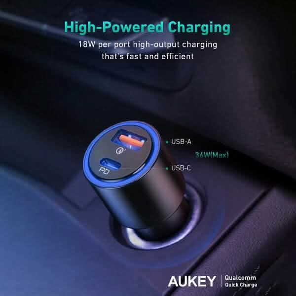 AUKEY 36W LED Car Charger CC-Y18S Dual USB-C/USB-A DailySale