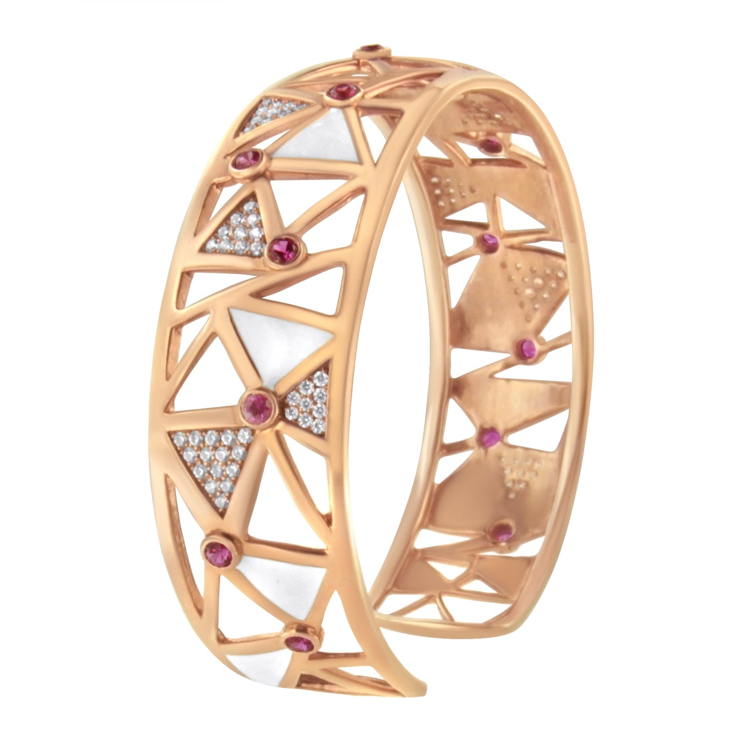 14K Rose Gold 5/8 Cttw Diamond with Pink Tourmaline Open Cuff Bangle with White Enamel (G-H Color, SI1-SI2 Clarity) - 7" Bids.com