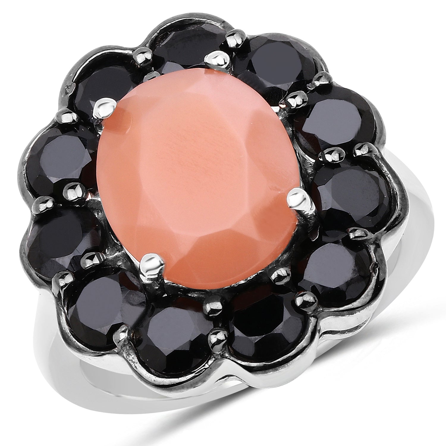 7.88 Carat Genuine Peach Moonstone and Black Spinel .925 Sterling Silver Ring Bids.com