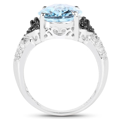 5.37 Carat Genuine Swiss Blue Topaz, Black Diamond & White Topaz .925 Sterling Silver Ring Bids.com